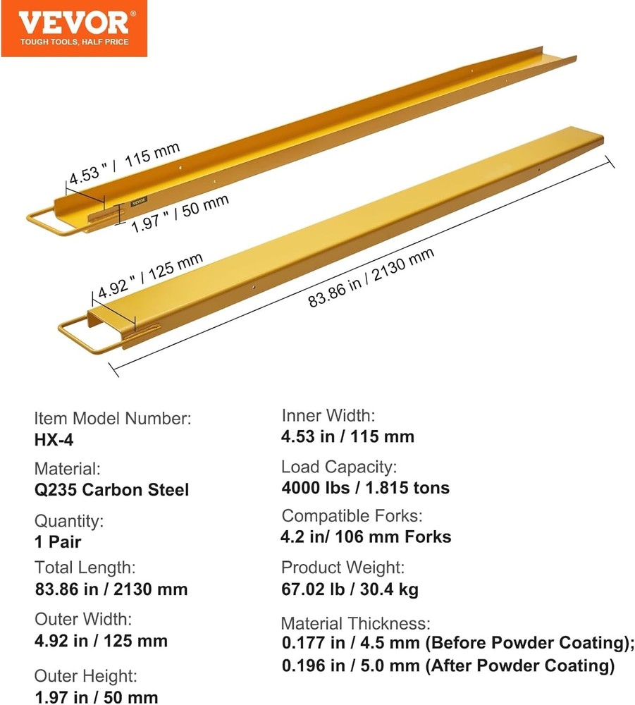 Universal 84" Fork Extensions for Forklifts | Quick Installation & 4.5" Width