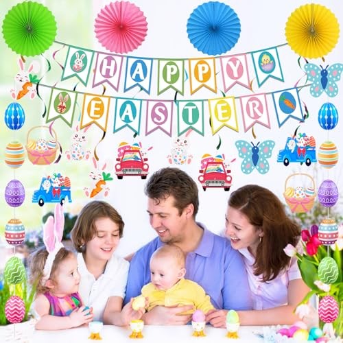 Easter Decorations - Happy Easter Banner, Egg Bunny Garland, Hanging Swirl