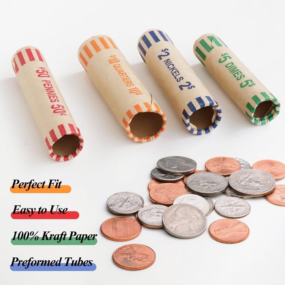128pcs Assorted Preformed Coin Wrappers Rolls, Change Paper Rolls Wrapping Tubes