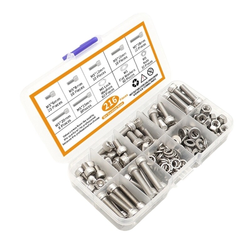 216Pcs Hexagon Socket Head Caps Screw with Flat & Lock Washers Enduring