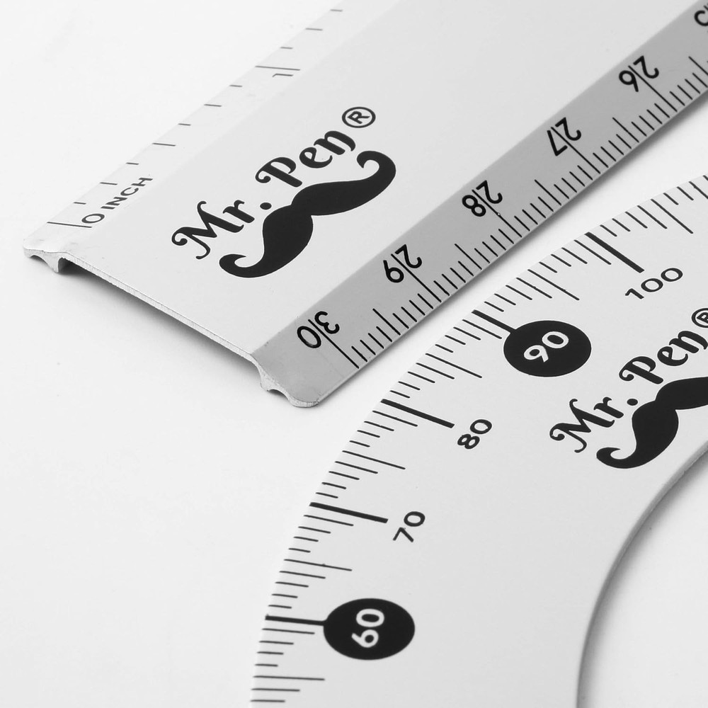 Metal Geometry Kit - 4Pack Set Square, Protractor, Aluminum Ruler, Drafting Tria