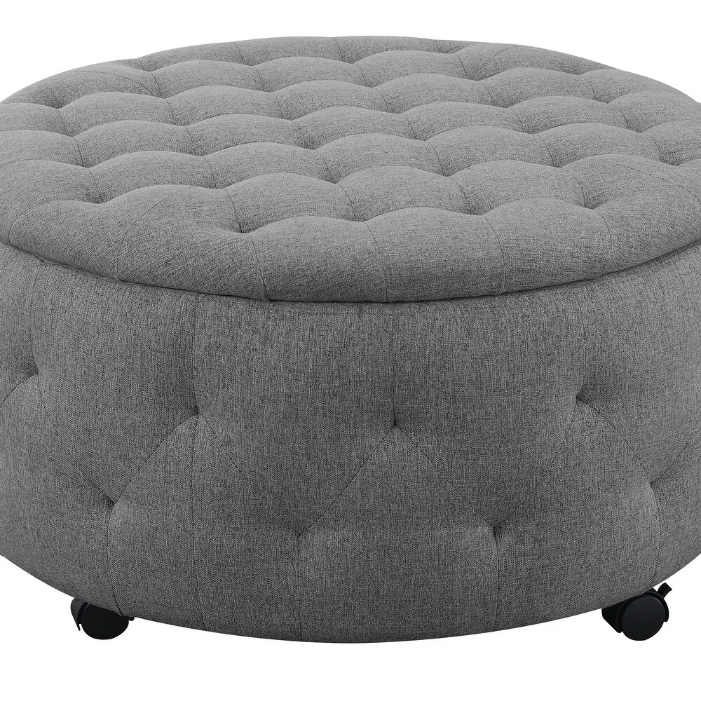 Round Rolling Storage Ottoman Cocktail Set with 4 Ottomans in Dark Grey