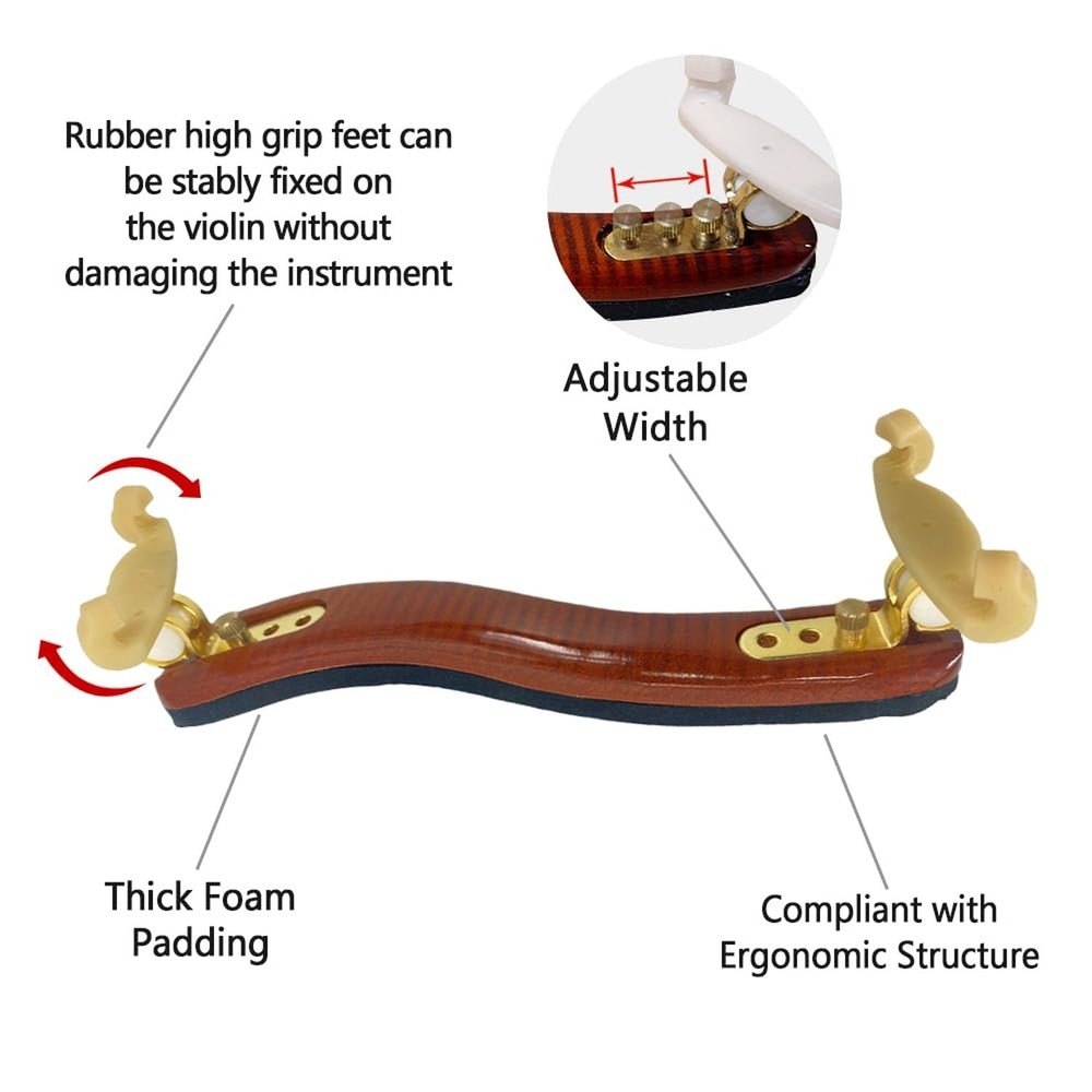 Violin Shoulder Rest 4/4 Full Size, Adjustable Width Flame Maple Wood 3/4