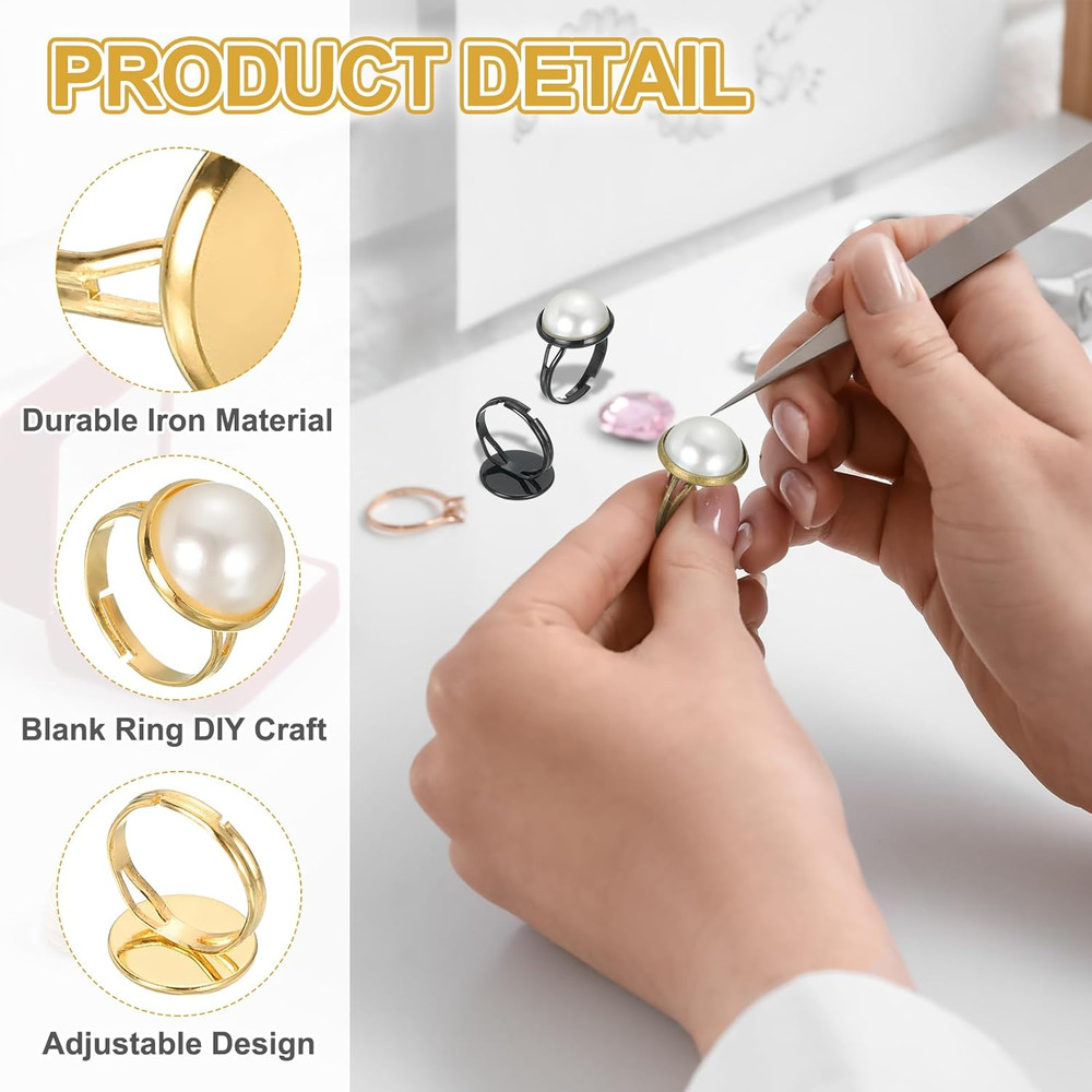 40Pcs Metal Ring Base Blank, 14Mm Adjustable Pad Cabochon Ring Blank Base Flat B