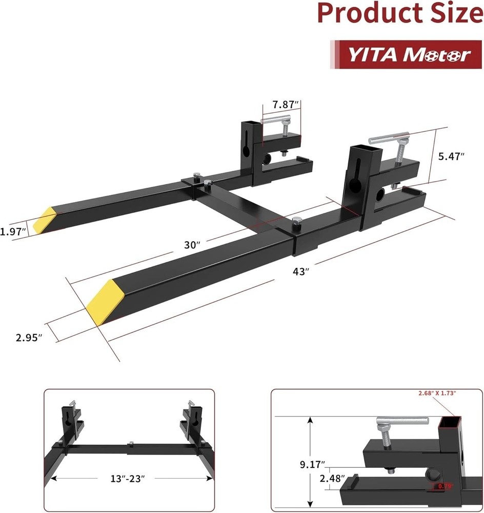 43" Heavy Duty Pallet Forks with Adjustable Stabilizer Bar - 2000lbs Capacity