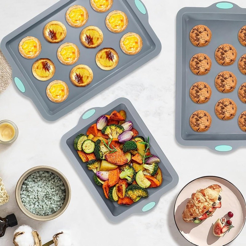 4 Pieces Nonstick Bakeware Set with Baking Pans Silicone Baking Sheets Cake Pan