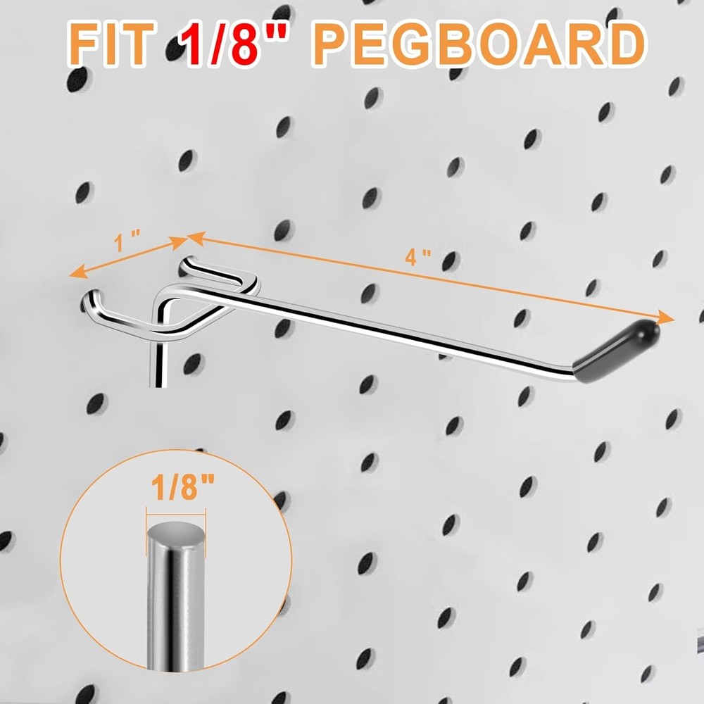 25 Pack 4" Pegboard Hooks 1/8" Metal Peg Board Garage Kitchen Storage Silver