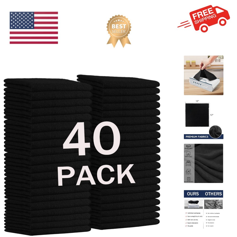 12" x 12" Black Microfiber Cleaning Cloth,40Pack Multi-Purpose Reusable Clean...