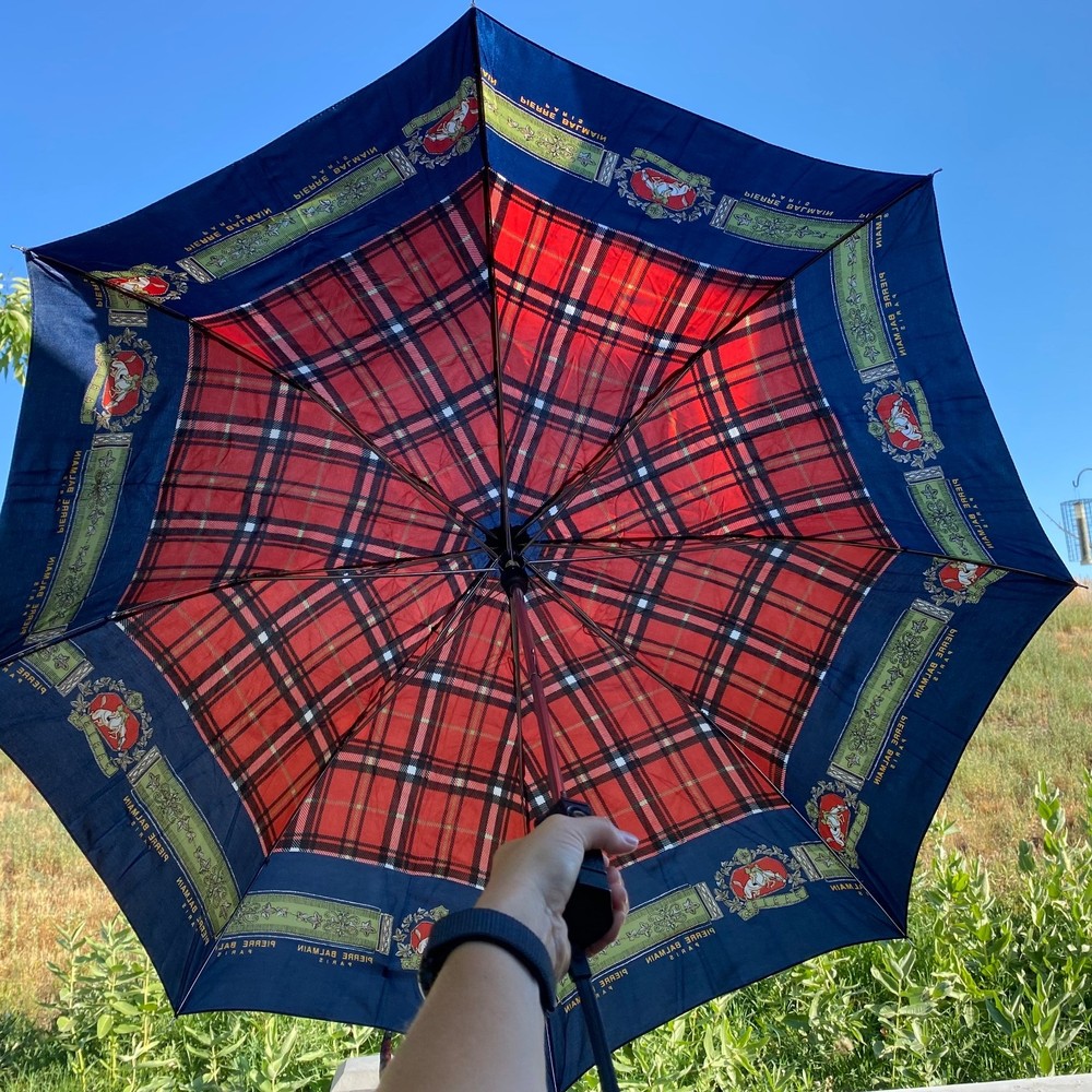 Pierre Balmain Collapsable Umbrella • Red Plaid • Equestrian • With Sleeve