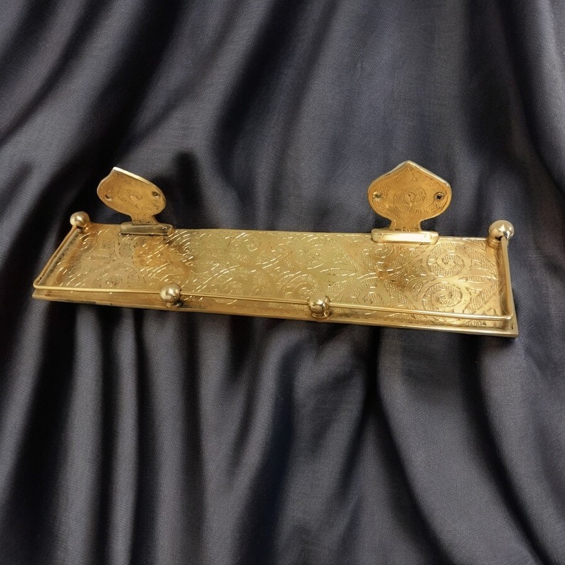 Engraved Solid Brass Wall Mounted Bathroom Shelf, Moroccan Handmade Brass Bathro