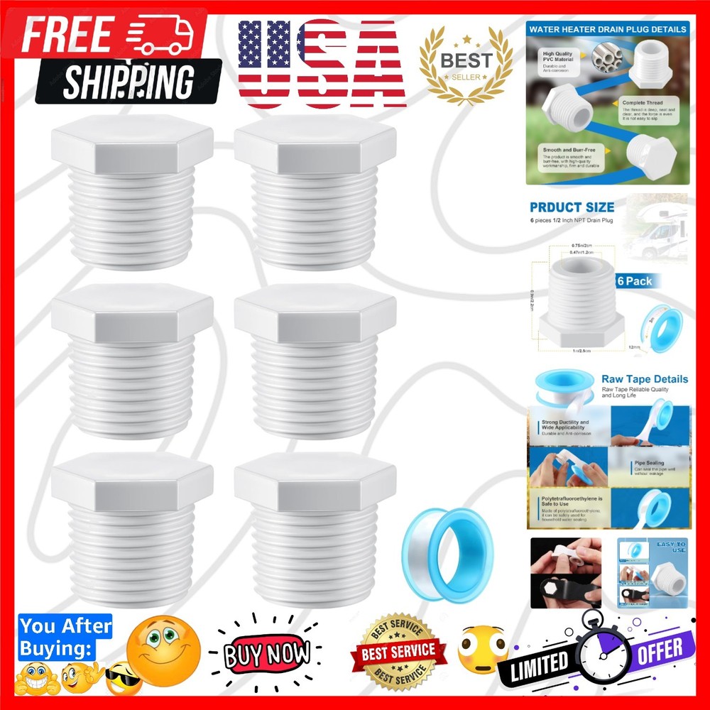 6 Pieces RV Hot Water Heater Drain Plug with Tape, 1/2 Inch NPT Drain Plug Wh...