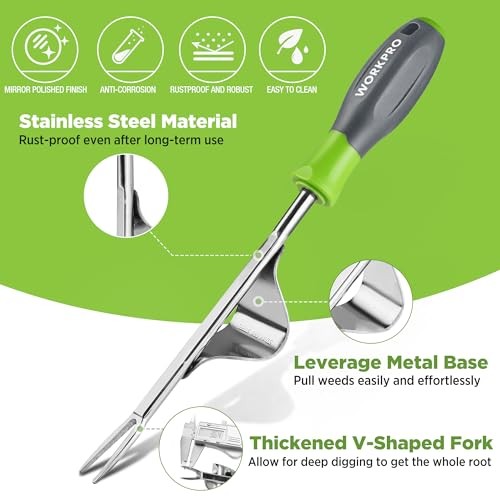 Weed Puller Tool, Metal Leverage Base and V-Shaped Forks for Easy Weed
