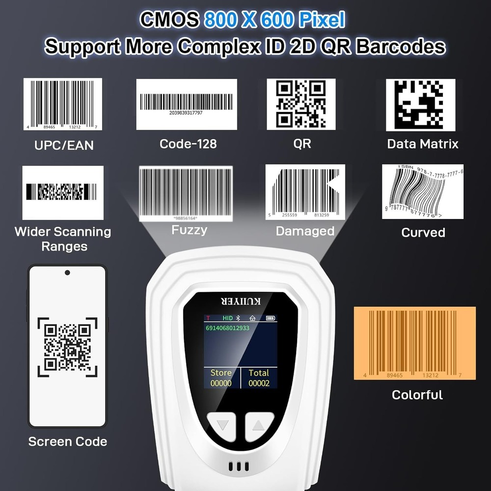 1D QR 2D Barcode Scanner Bluetooth Wireless Bar Code Scanner w/LCD Screen Voice