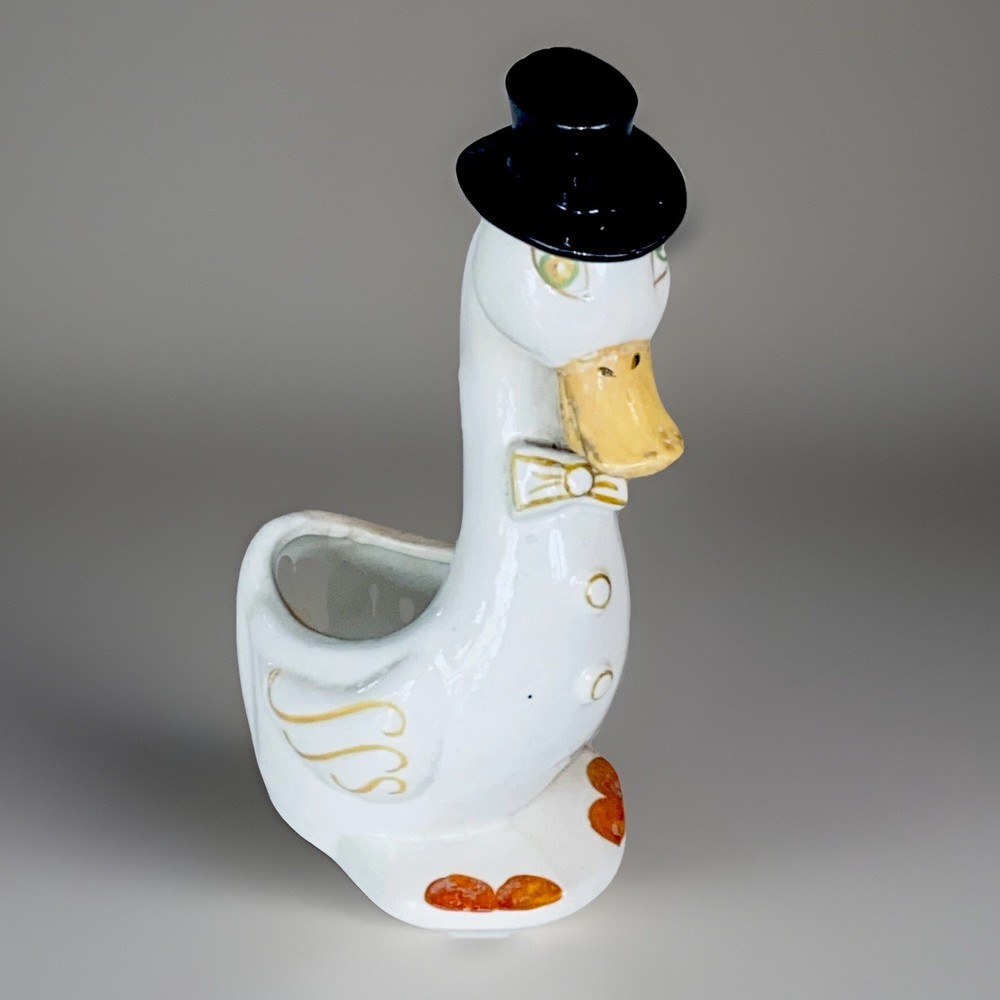 1920s Ceramic dapper duck anthropomorphic planter top hat bow tie 7” Tall