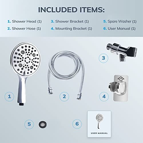 6 Functions Large Oversized Handheld Shower Head Set 6" High Pressure 60 Inch