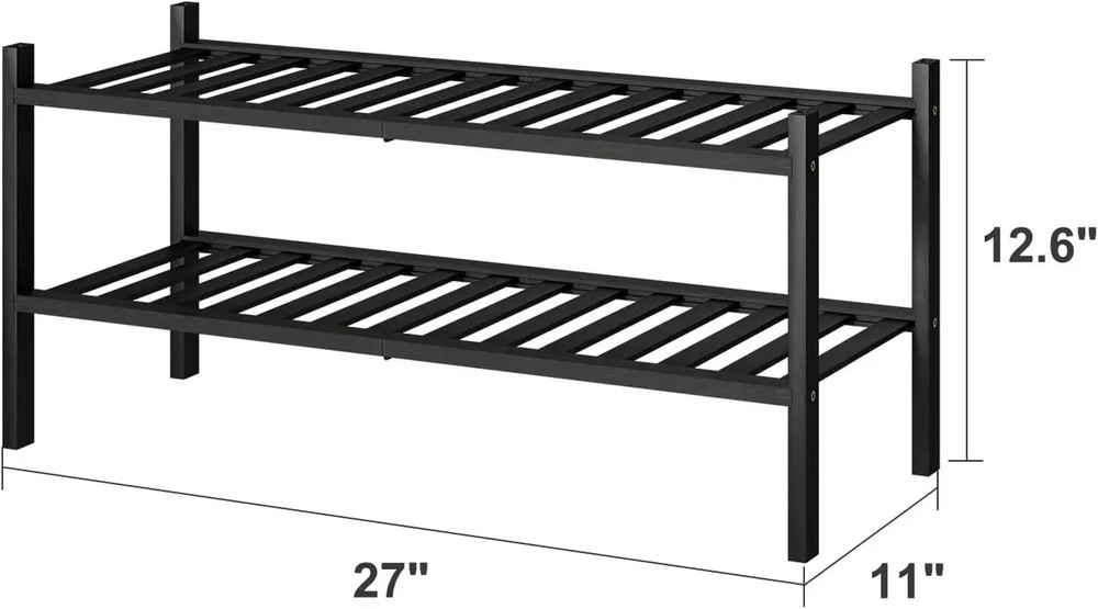 2-Tier Black Bamboo Shoe Rack for Entryway, Stackable | Foldable | Natural, Shoe