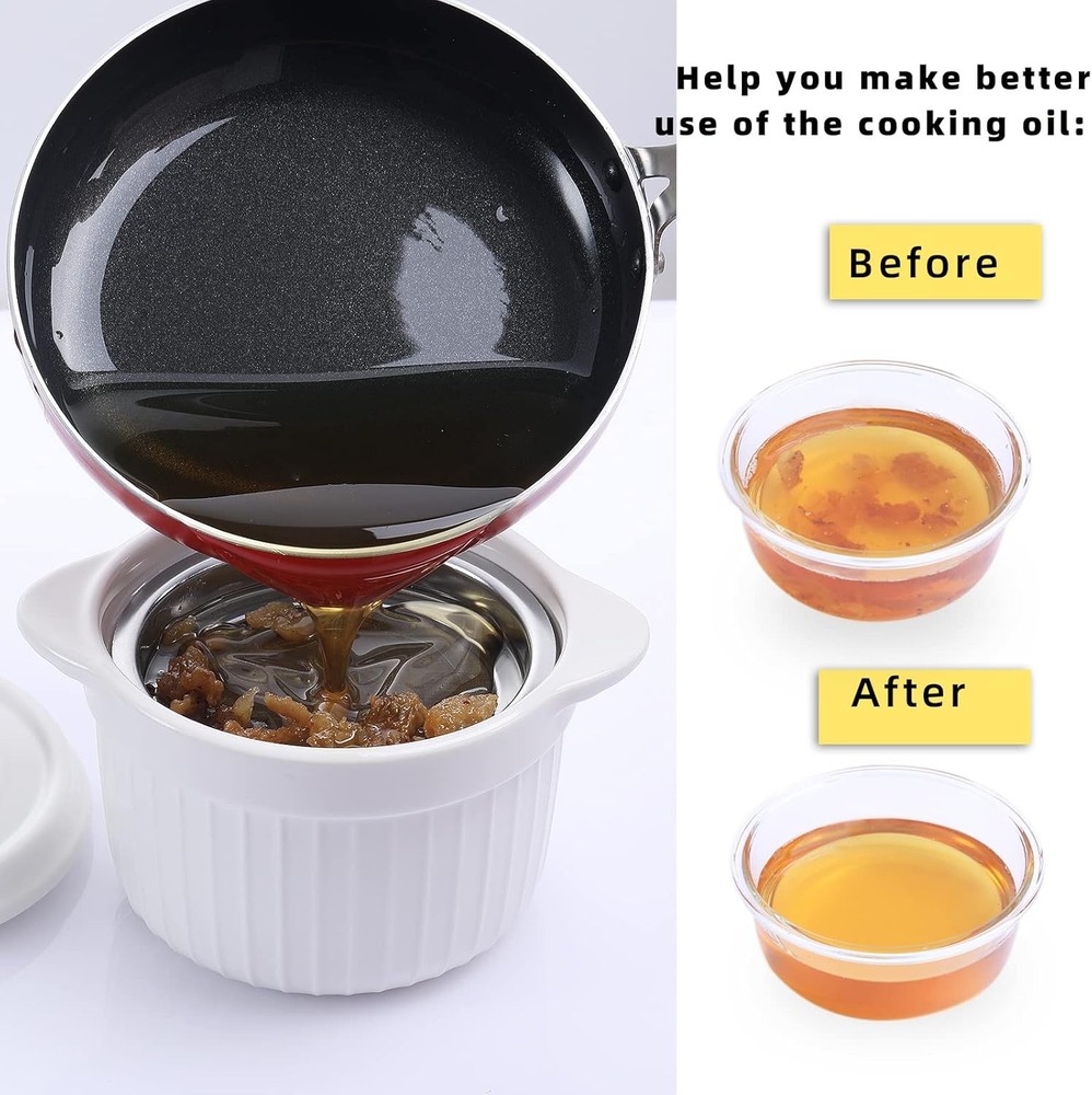 Ceramic Bacon Grease Container Keeper with Strainer, Frying Oil Storage White