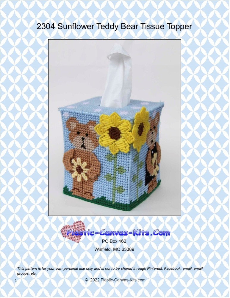 Sunflower Teddy Bear Tissue Topper-Plastic Canvas Pattern or Kit