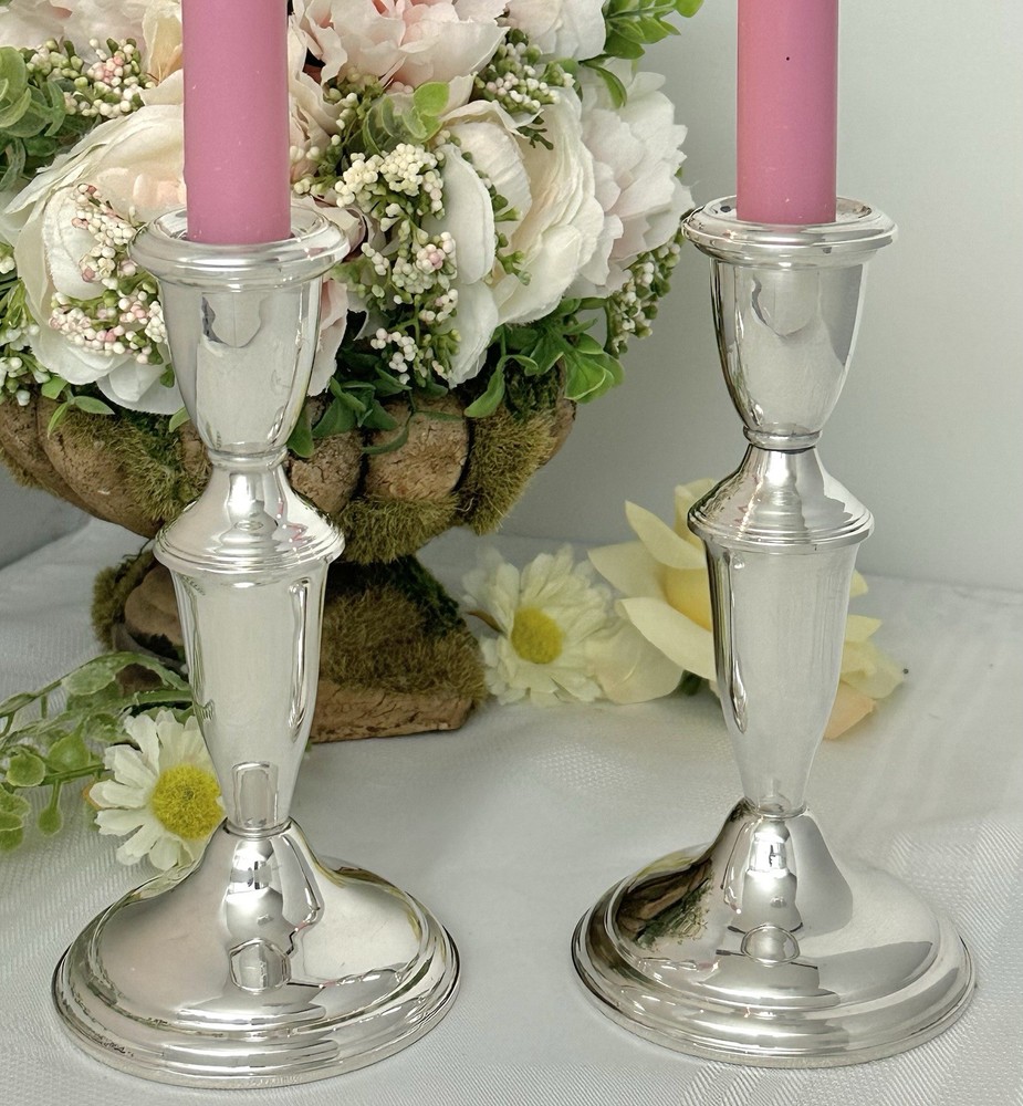 Sterling Silver Empire Candlesticks Pair Vintage Console Taper Holders