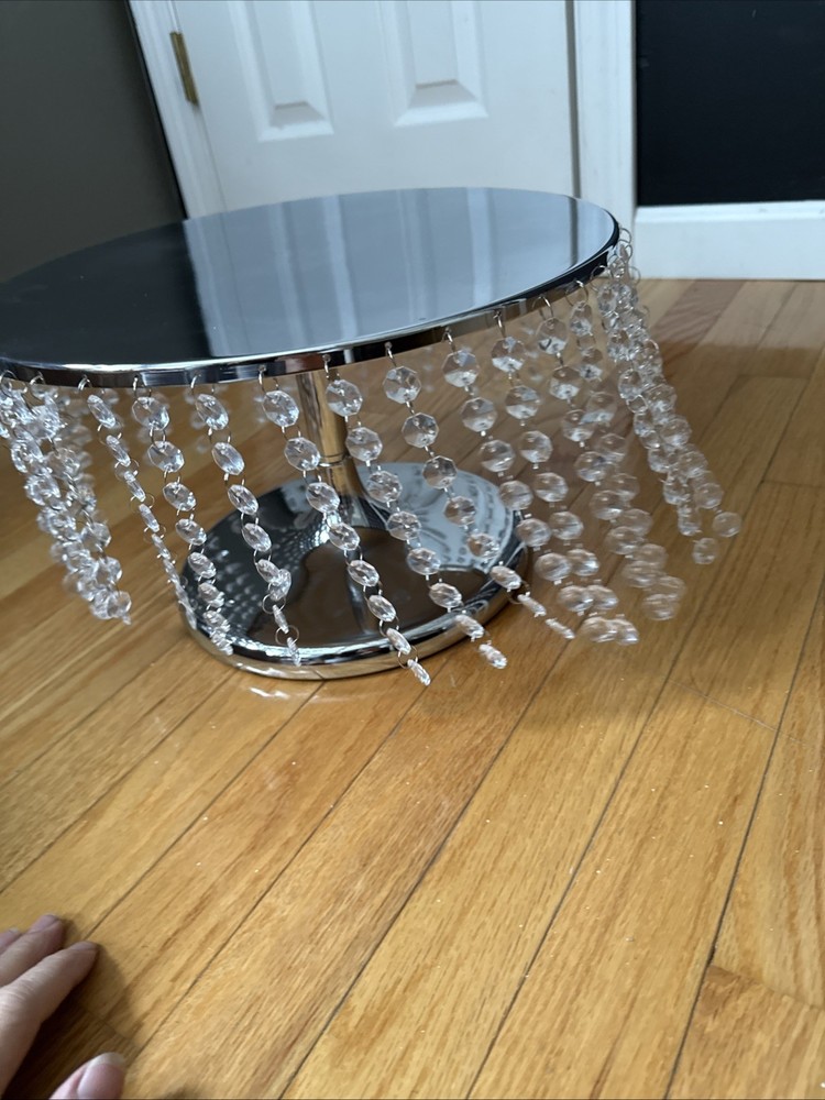 14” Silver Cake Stand With Hanging Crystals 8” High