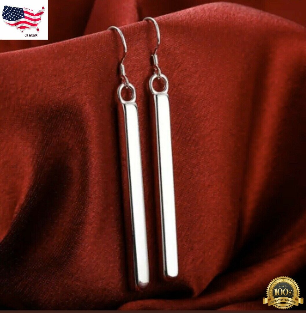 Silver Plated Vertical Solid Bar Drop Dangle Hook Earrings