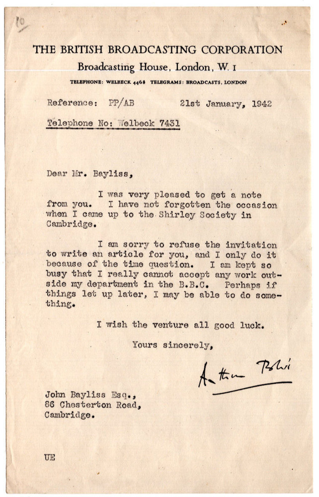 Arthur Bliss Signed Letter 1942 Autographed / Composer