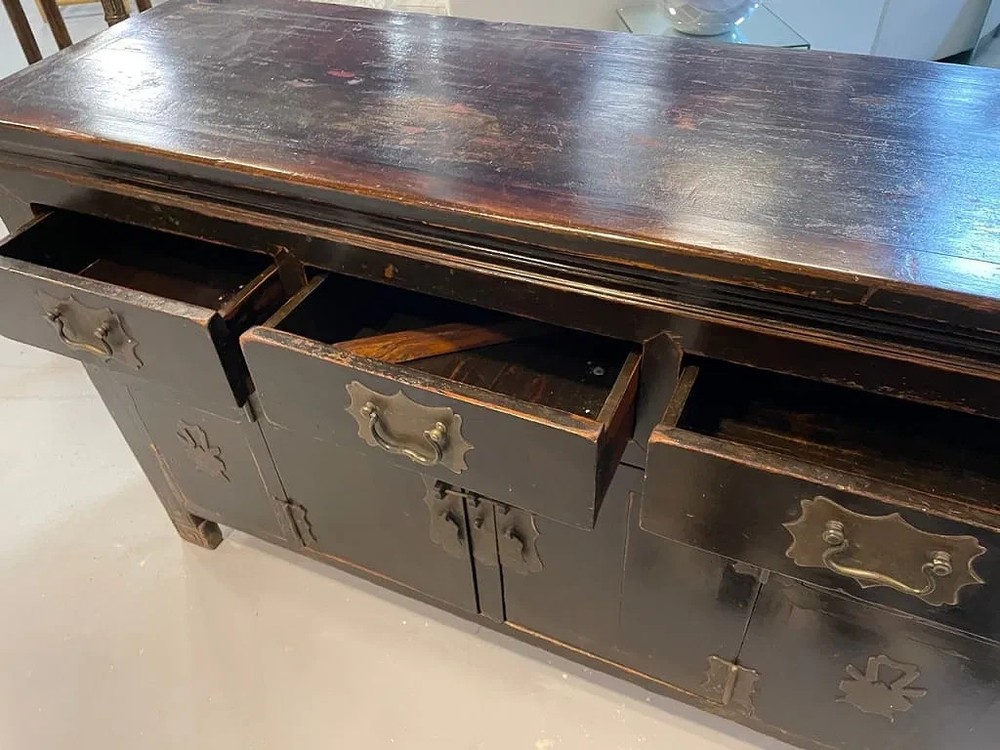 Antique Asian Black Lacquer Drawers Sideboard Buffet Credenza