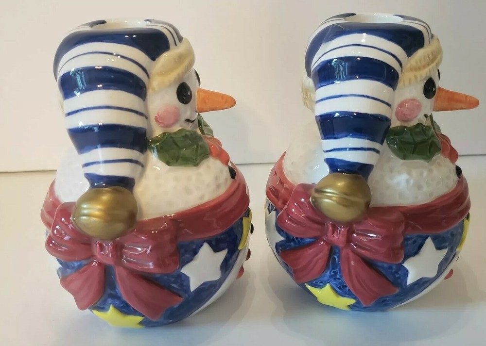 EPOCH NORITAKE Mr Snowman Pair of CANDLE HOLDERS 5" EUC