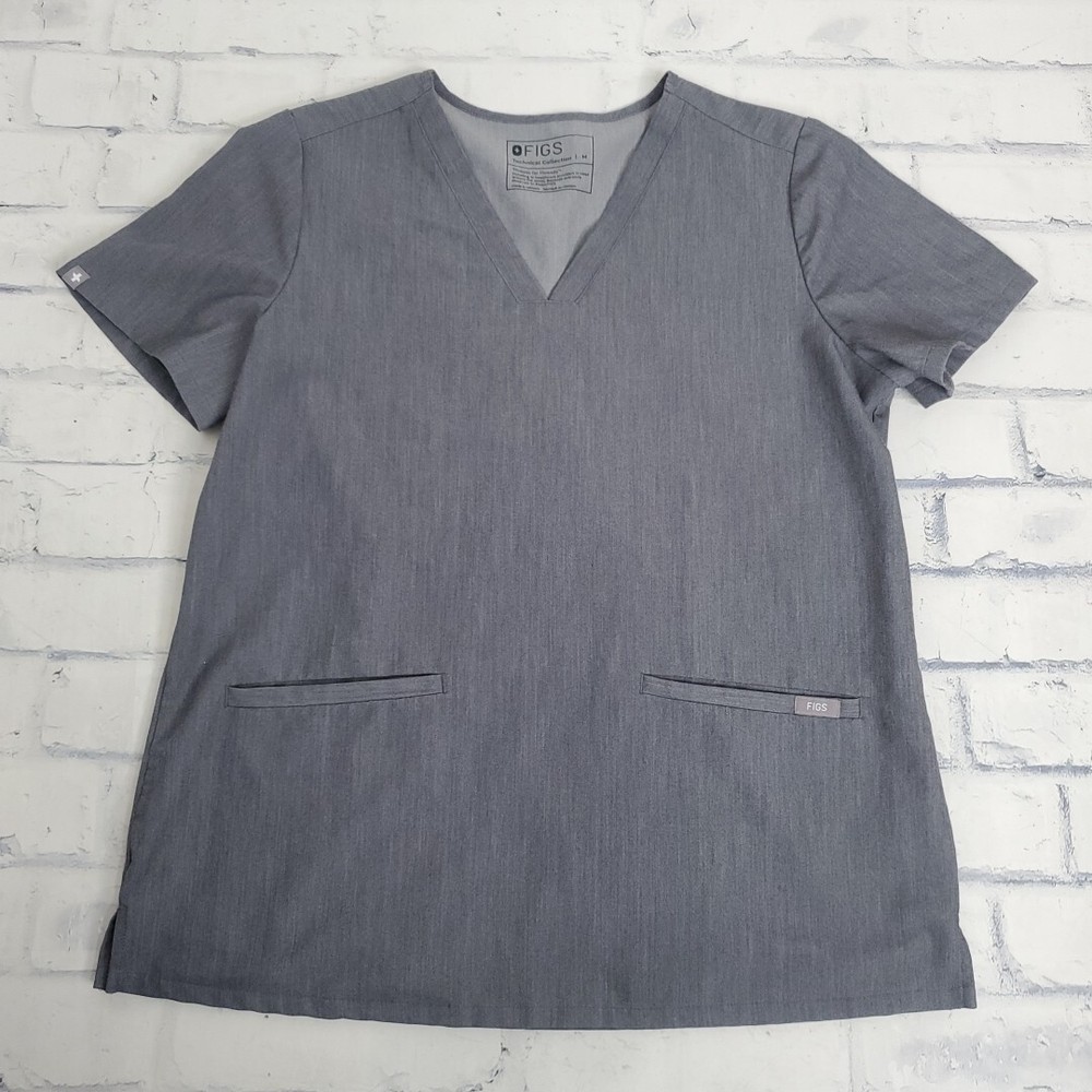 Figs Scrub Top Womens Medium Casma Three Pocket Gray Graphite Short Sleeve