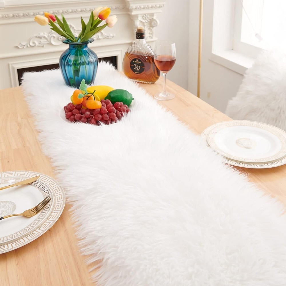 Faux Fur Table Runner White 11.8x59inch for