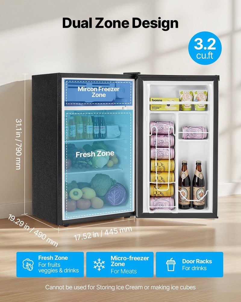 Mini Fridge 3.2 Cu.Ft Single Door Compact Refrigerator Adjustable Temperat