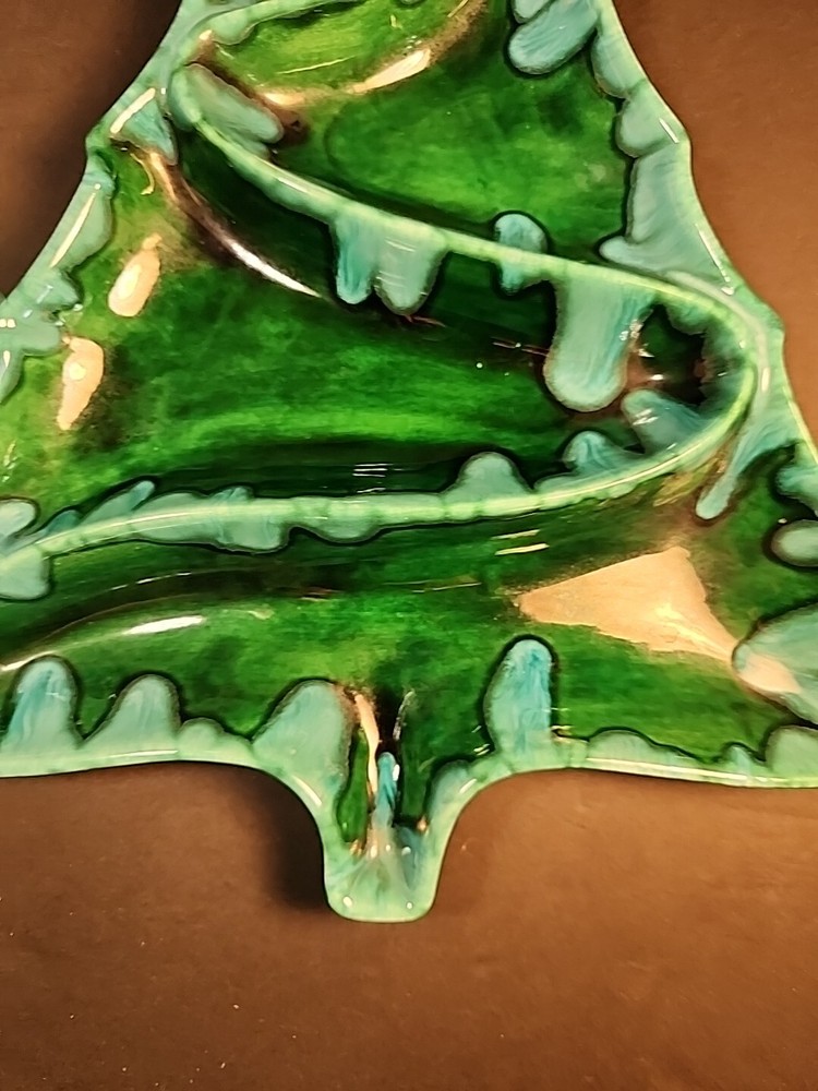 Vintage Large Glazed Ceramic Christmas Tree Divided Dish Serving Nuts Candy