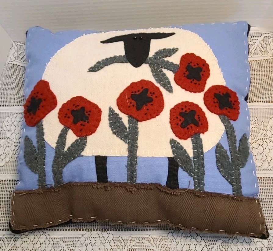 Picking Poppies Sheep Applique' Pattern Throw Pillow