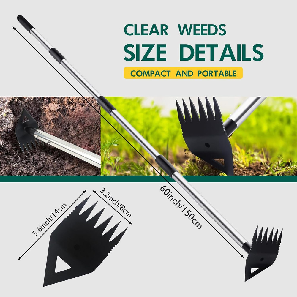 Heavy-Duty Long Handle Weeding Rake - 2-in-1 Manual Weed Puller Tool