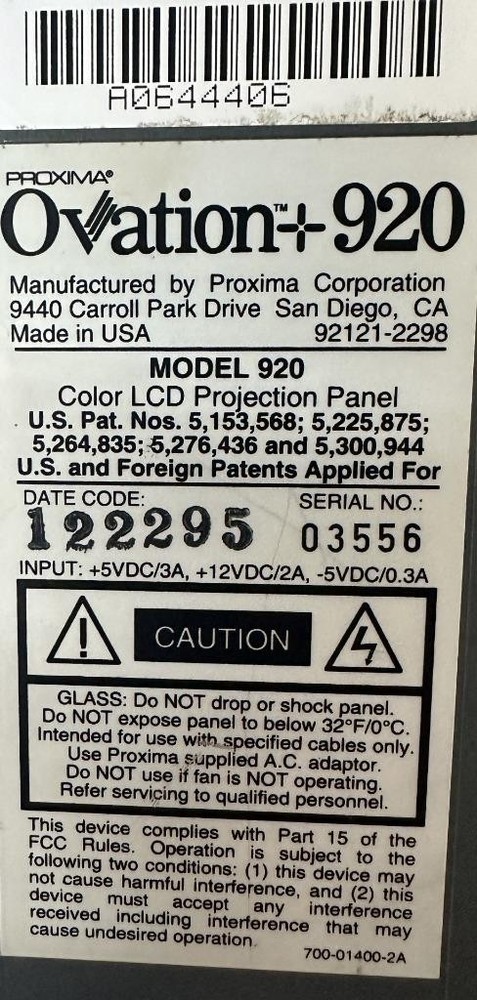 Proxima Ovation+ 920 Color LCD Projection Panel 1024x768 VGA