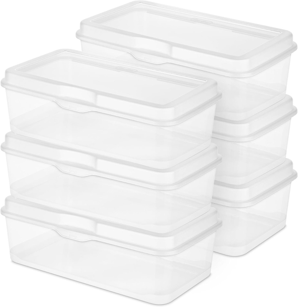 Sterilite 6-Pack Rectangular Large Fliptop, Clear Plastic Storage Box with Hinge