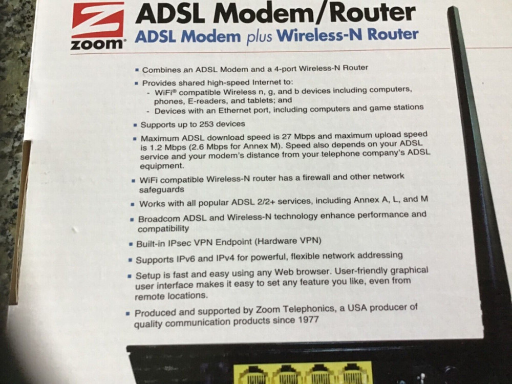 ZOOM ADSL MODEM plus WIRELESS-N ROUTER MODEL 5792