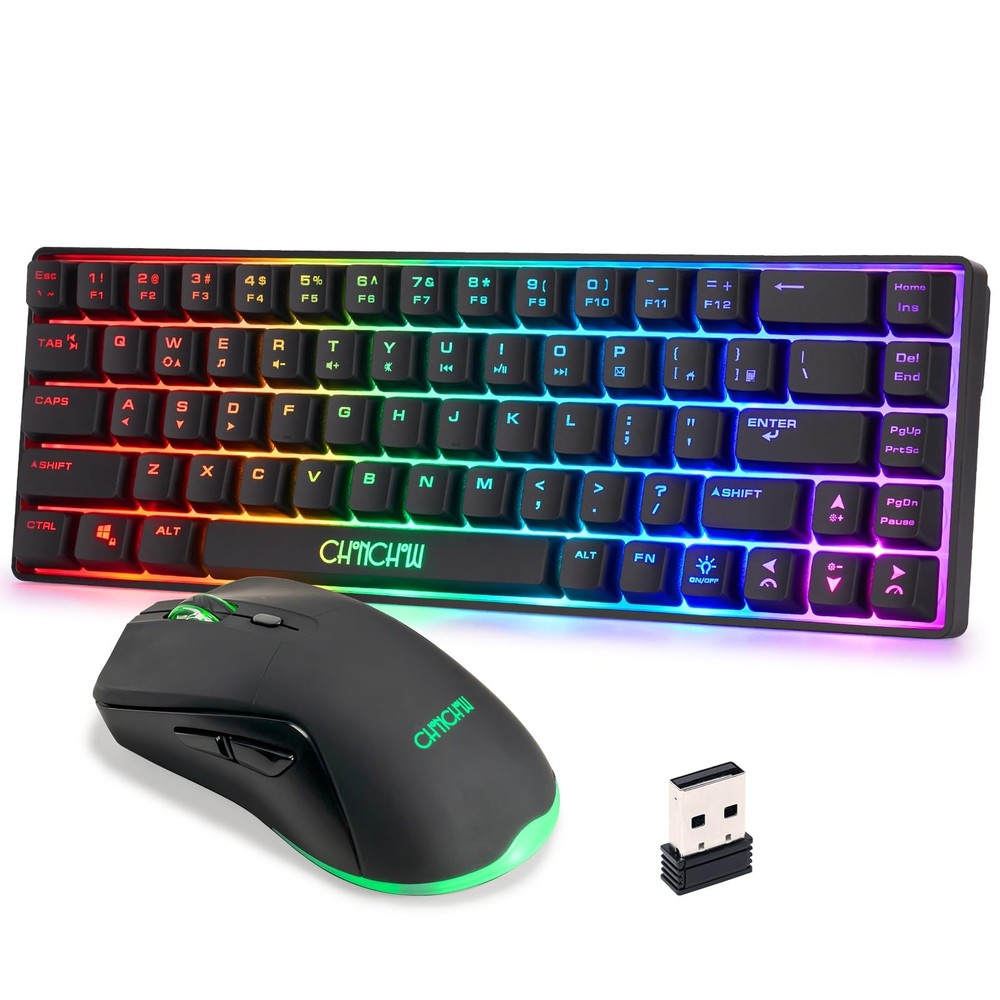 Wireless 60% Gaming Keyboard and Mouse Combo, LED Backlit, Rechargeable, Compact