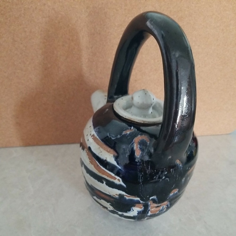Drip Glazed Clay Teapot Handmade Signed Molded Handle Stubby Spout