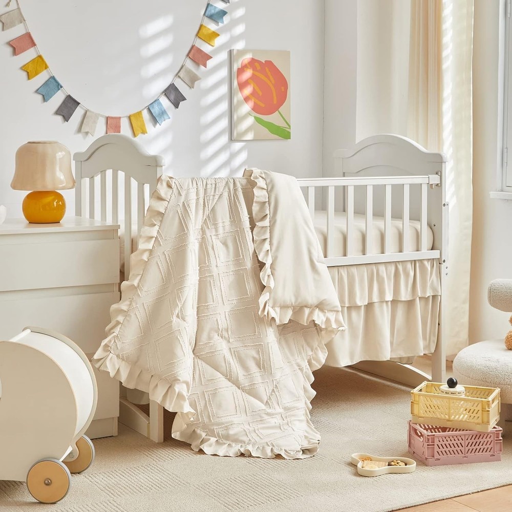 Mini Crib Bedding Set 3 Pieces Baby Boho Quilted Tufted Ruffles Comforter wit...