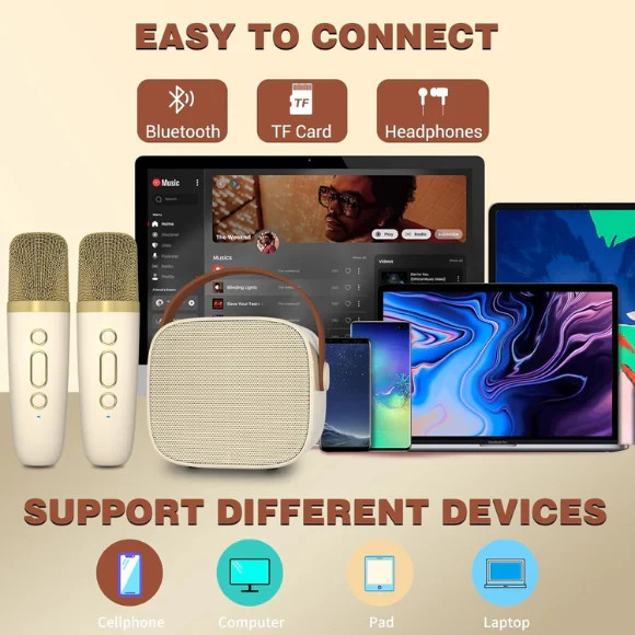 Mini Karaoke Machine with 2 Wireless Microphone, Bluetooth Speaker
