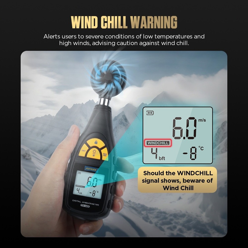 AUTOOL Handheld Digital Anemometer Wind Speed CFM Meter Current Test Wind Chill