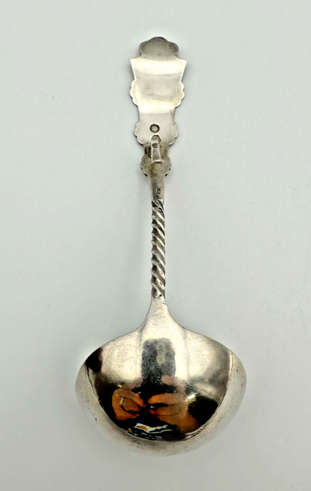 Antique Dutch Silver Ladle - Etched Handle with Twist Stem - Hook Back - Signed