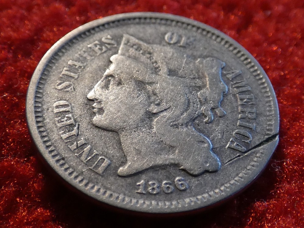 1866 Three Cent Nickel Detached Lamination Error! #3427
