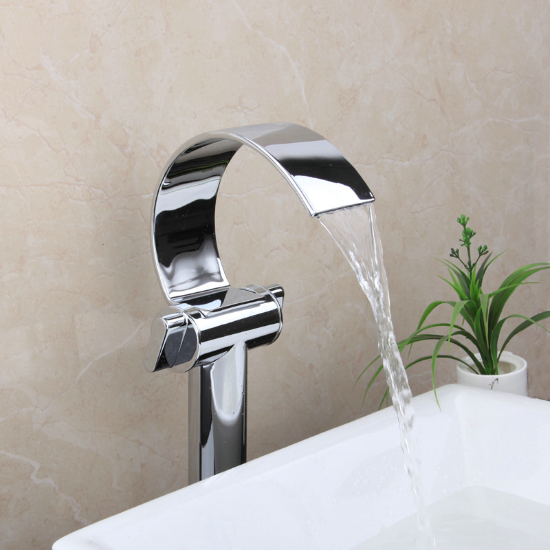 Bathroo Vessel Basin Chrome Waterfall Spout Mixer Faucet Double Handle Tap Brass