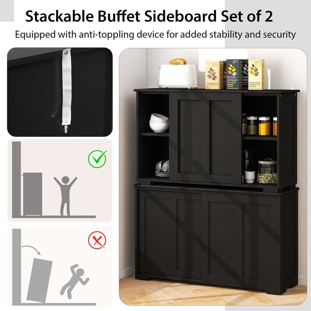 Stackable Buffet Sideboard Set of 2 w/ Sliding Doors & Adjustable Shelf Black
