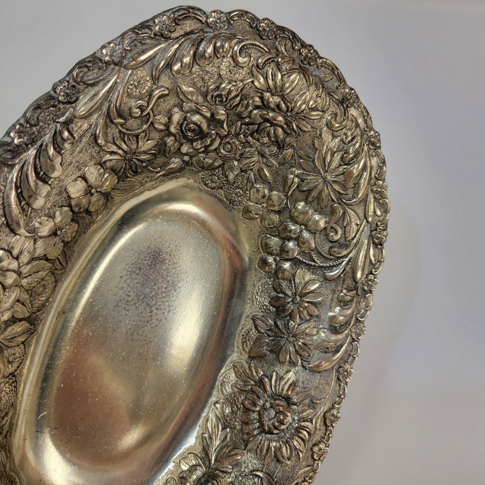 Silver Floral Pattern Japanese Victorian Bread Tray with Stamp Copper undertone