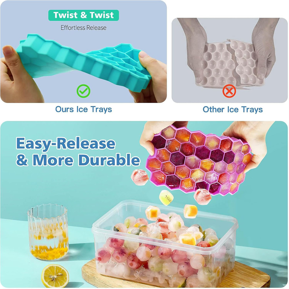 Ice Cube Trays for Freezer, 2 Pack Ice Cube Tray with Lid, Silicone Ice Cube Mol