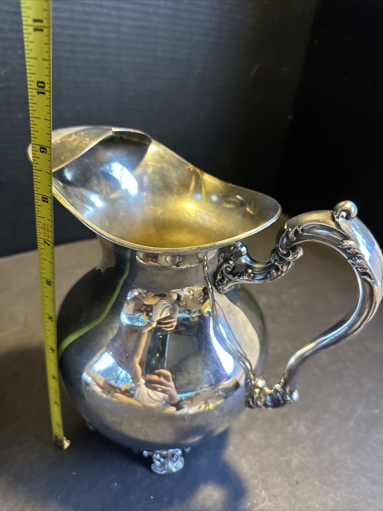 Vintage Silverplate Pitcher Ornate Handle Footed 9” Decorative #R86