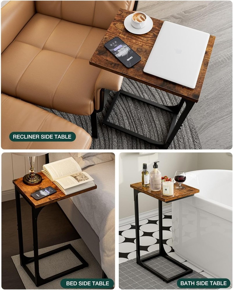 Compact C-Shaped Side Table with Waterproof Top - Rustic Brown & Metal Frame